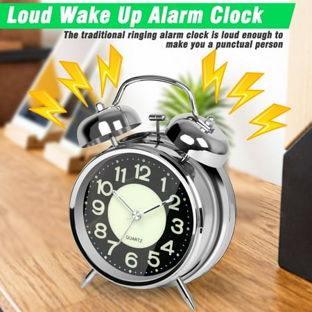 4 Inches Twin Bell Super Loud Alarm Clock With Nightlight For Heavy Sleepers