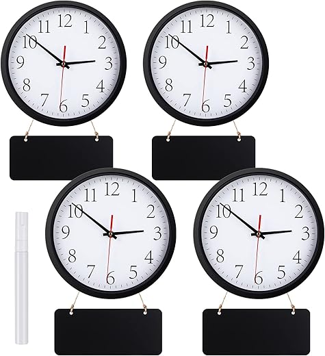 4 Pcs Silent Wall Clocks 10 Inch Quartz Wall Clock Decorative Wall Clock Battery Operated Round Clock with 4 Pcs Black Hanging Chalkboard and White Marker Pen for Home Room Kitchen School Office