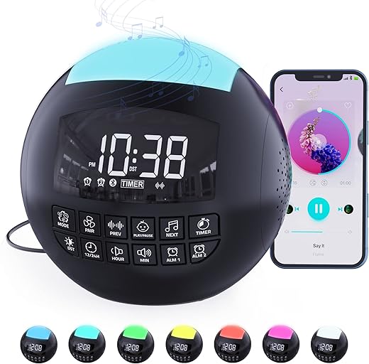 5-in-1 White Noise Machine with 2 Alarm Clock for Baby Adults Kids,42 Natural Soothing Sleeping Sounds with 7 Colors Night Light,8 Timers,Bluetooth Sound Machine for Travel Office Privacy,2 USB Ports