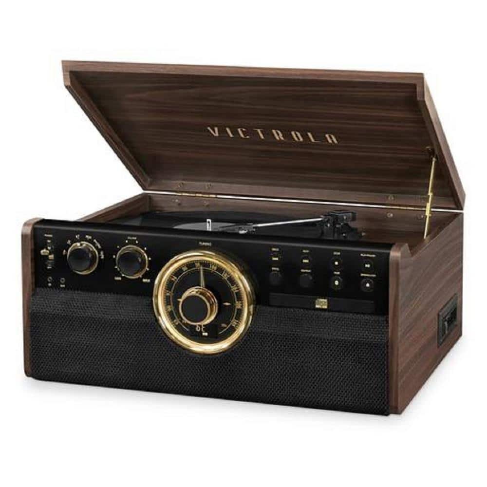 6-in-1 Wood Bluetooth Mid Century Record Player with 3-Speed Turntable, CD, Cassette...