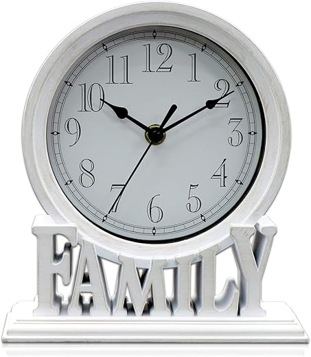 6.5 Inches Mantel Clock, Vintage Non-Ticking Family Desk Table Clock Battery Operated with Quartz Movement HD Glass for Kids Bedroom Living Room Office (Distressed White)