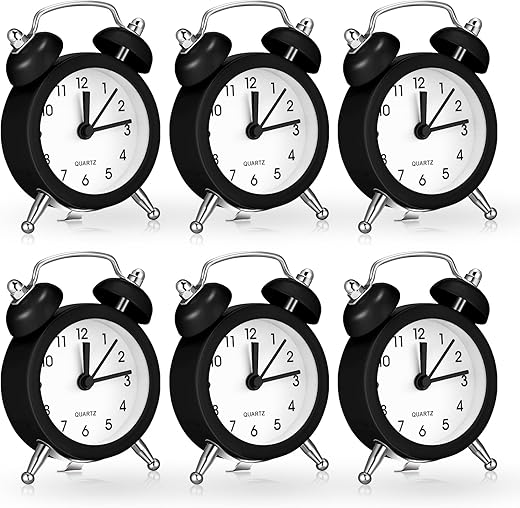 6 Pcs Mini Twin Bell Alarm Clock 2 Inch Battery Operated Loud Alarm Small Retro Vintage Travel Clock with Stereoscopic Dial for Home Office Bedroom Heavy Sleepers, 2 x 3.1 x 0.7 Inch (Black)