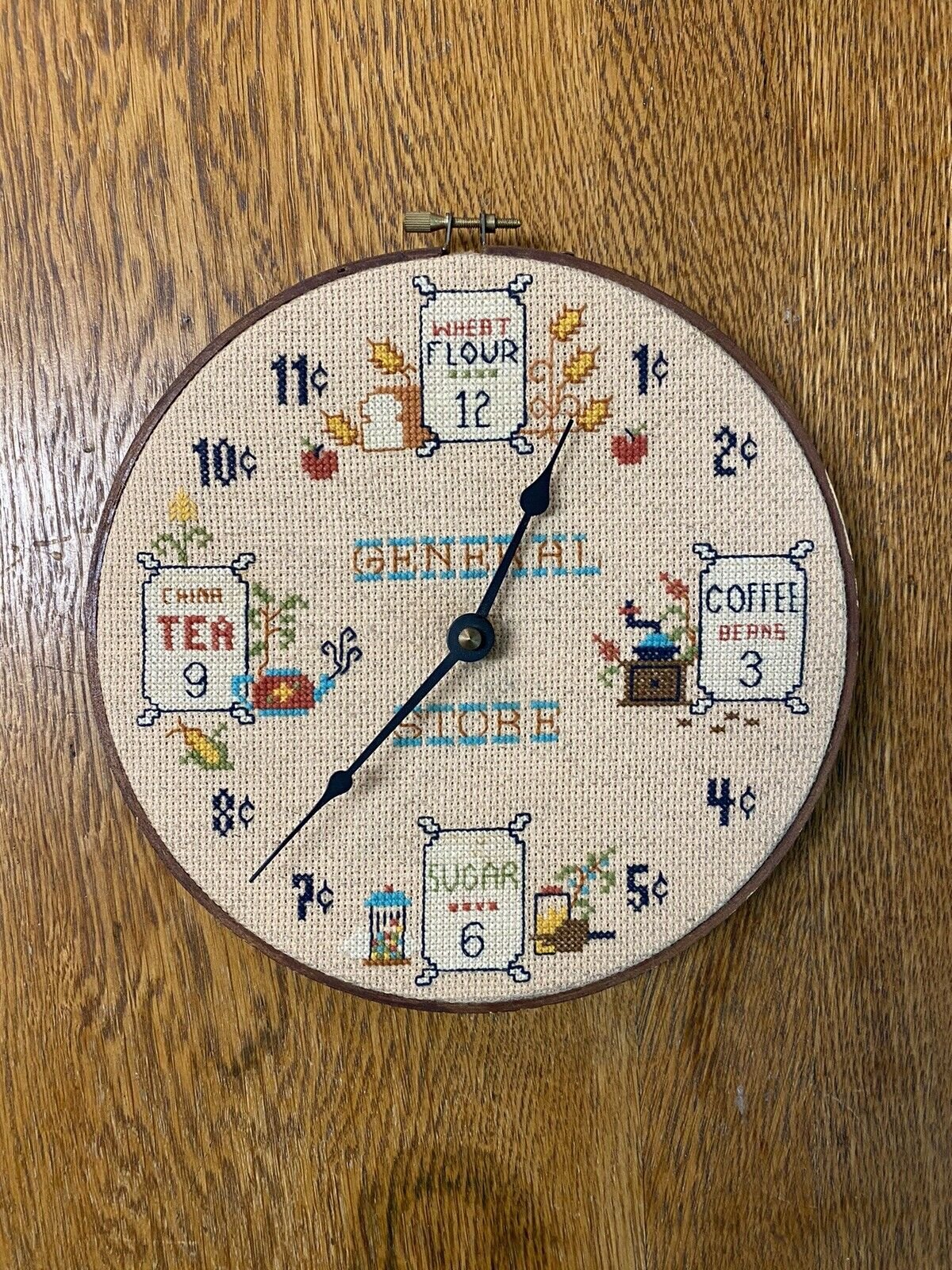 8.5” Vintage Cross Stitch General Store Clock Country Cottage Core