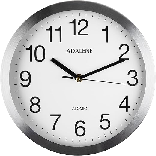 Adalene Modern Atomic Wall Clock Decorative - Automatically Sets Itself - Vintage Metal 10 Inch Large Wall Clocks Battery Operated for Office, Bedroom, Bathroom, Living Room Decor, Kitchen, Outdoor