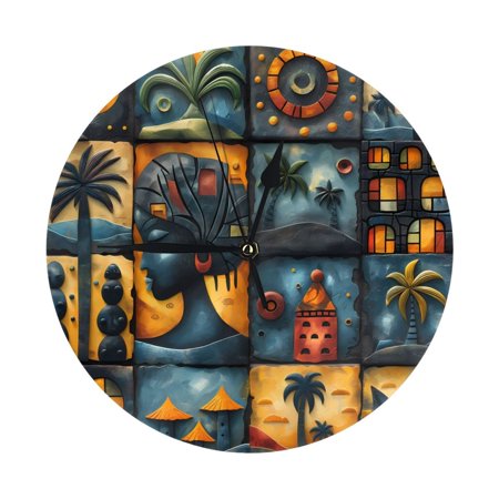 African Art Tile Mosaic Wall Clock, Modern 10 Inch Battery Operated Wall Clocks, Non Ticking Decorative Clock for Living Room, Office, Bedroom, Kitchen, Bathroom