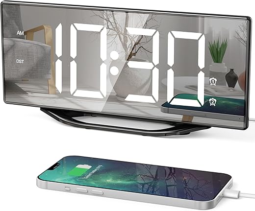 Alarm Clock for Bedroom, 8.7 LED Mirror Surface Digital Alarm Clock with 2 USB Charger Ports, Dual Alarms, 8 Dimmer&7 Volume, Easy to Use Alarm Clock for Living Room,Teens,Kids (Without Bed Shaker)