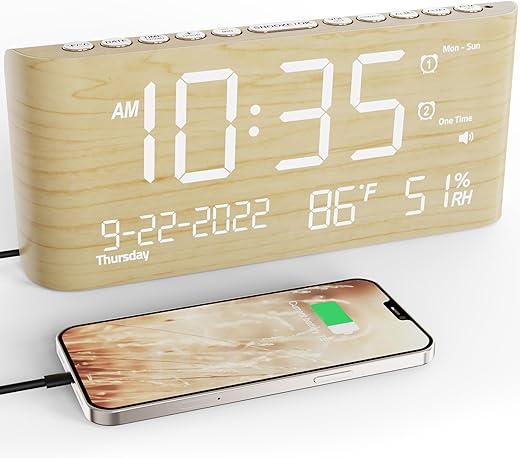 Alarm Clock for Bedroom Bedside, Wooden Digital Alarm Clock with Backup Battery, USB Port, 2-100% Brightness Dimmer, Snooze, Dual Alarm with Weekday/Weekend Mode, Date, Temperature & Humidity Detect