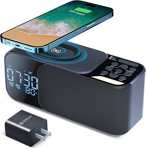 Alarm Clock Radio with Wireless Charging Bluetooth Speaker,Digital Alarm Clock with Adjustable LED Night Light,Dual Alarm,Alarm Clock for Bedroom,Home,Adaptor,Blue