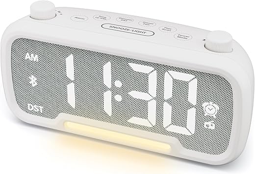 Alarm Clock with Bluetooth Speaker, FM Radio,Bedside Alarm Clock with 2 USB Chargers,Adjustable Dimmer and Volume,12/24H,Snooze,Battery Backup,Plugged in Clock Radio for Adult Kid Heavy Sleeper