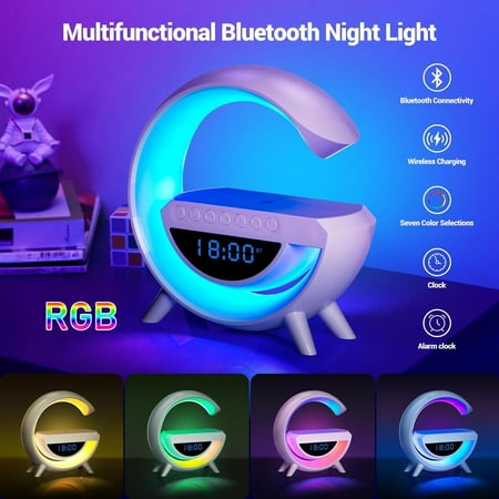 Alarm Clock with Wireless Charging, RGB Smart Light Bar Sunrise Dimmable Table Lamp Sound Machine Wake Up Light, Bluetooth Speaker for Heavy Sleepers Living Bedroom Office Dorm Gift Kids Adults