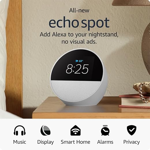 All-new Amazon Echo Spot (2024 release), Smart alarm clock for your nightstand + Alexa, Glacier White