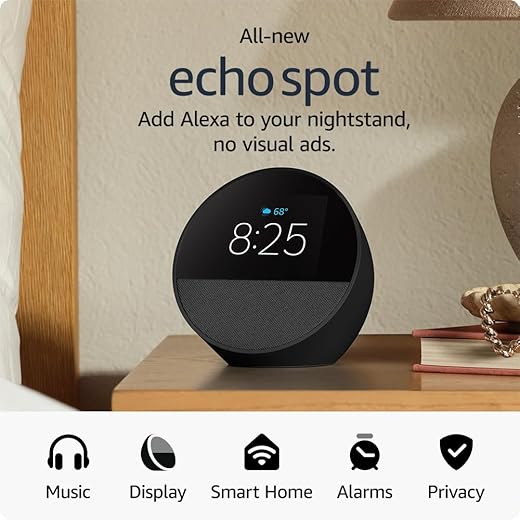 All-new Amazon Echo Spot (2024 release), Smart alarm clock for your nightstand + Alexa, Black