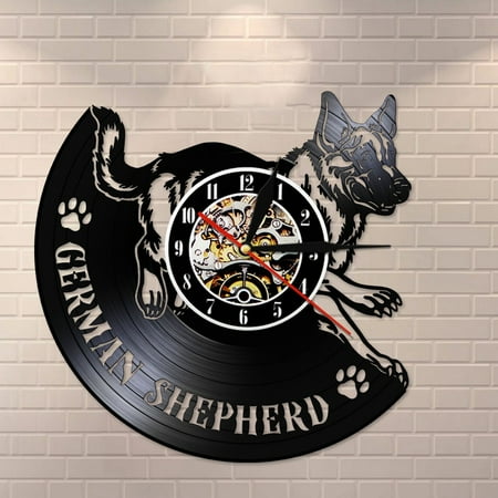 Amblelife German Shepherd Laser Cut Longplay Wall Clock Vinyl Record Timepiece Shepherd Yeti Dog Breed Home Decor Silent Move Wall Watch