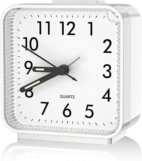 AMIR Analog Silent Non Ticking Small Clock, Travel with Snooze & Light, Ascending Beep Sounds, Battery Operated Loud Alarm Clock for Bedroom (White)