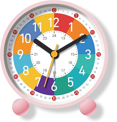 Analog Alarm Clock for Kids Learn to Tell Time with Colorful Dial, Silent Clock Movement, Battery Operated with Back-Light, for Kids,Teens and Nice Bedroom Decor (Pink)