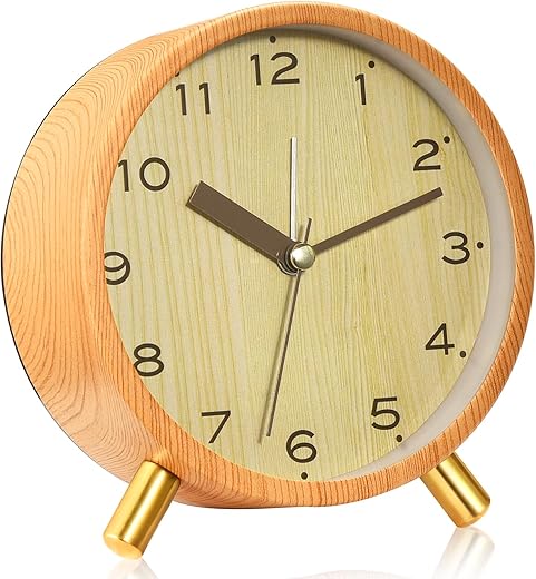 Analog Alarm Clocks,4.5 Metal Alarm Clock with Wood Grain Finish,Sound-Activated Night Light,Non-Ticking Silent,Battery Operated,for Bedroom,Bedside Desktop (Light Colored)