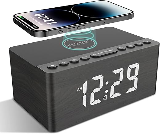 ANJANK Wooden Digital Alarm Clock FM Radio,10W Fast Wireless Charger Station for iPhone/Samsung Galaxy,5 Level Dimmer,USB Charging Port,2 Wake up Sounds,Bedrooms Sleep Timer,Wood LED Clock for Bedside