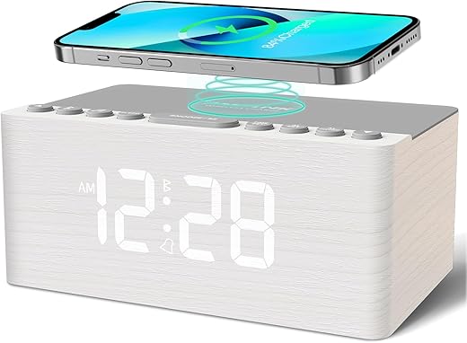 ANJANK Wooden Sound Machine Alarm Clock for Bedroom, Bluetooth Speaker, Wireless Charging Station for iPhone/Samsung, Sleep Timer, 0-100% Dimmer, White Noise Machine for Sleeping Adults with 20 Sounds