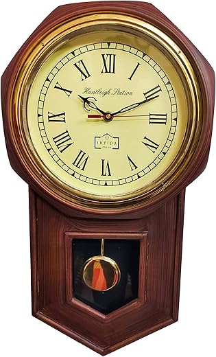 Antique Wooden Brass Large Pendulum Wall Clock 20'' - Bettery Operated Silent Movement- Decorative Wall Clocks for Living Room Decor,