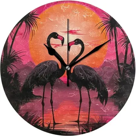 ANYWAY.GO Flamingos in The Water Wall Clock, Round Silent Wall Clock, 9.84 inches, Home Decor, for Living Room, Kitchen, Bedroom