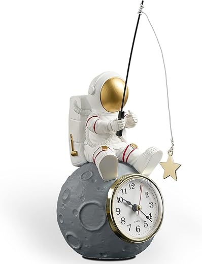 Astronaut Figure Clock for Desktop & Shelf, Battery Operated, Astronaut & Planet Figurine Statue for Office & Kids' Outer Space Themed Bedroom Decor, Decorative Small Table Clock, Fishing Star