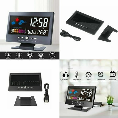 Auto Set Digital Alarm Clock | Color Display LCD Screen With Snooze Calendar Hygrometer Weather Display | Large Digits LED Easy To Read Perfect For Nightstand Or Desk