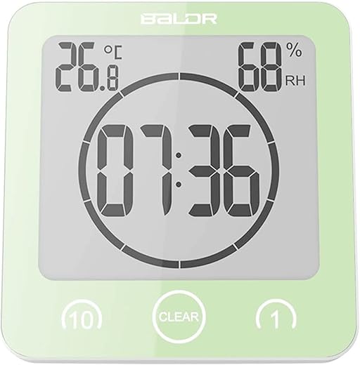 BALDR Digital Shower Clock with Timer - Green - Water-Resistant Shower Timer, Countdown Timer Clock with Temperature and Humidity, Digital Clock for Shower, Bathroom Clock, Alarm Clock Battery Powered