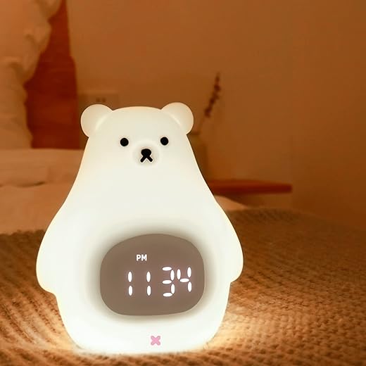 Bear Night Light, Cute Kids Alarm Clock, Soft BPA-Free Silicone Portable Nursery Lamp, Children USB Rechargeable Nightlight for Girls Boys Toddler Birthday Gifts Bedroom Room Decor