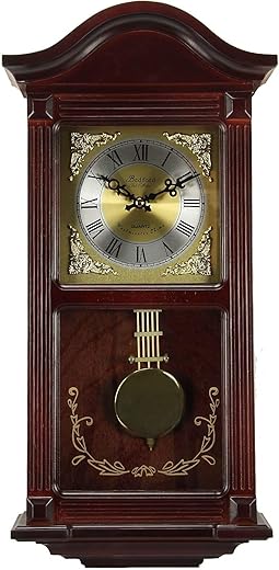 Bedford Clock Collection BED1423MAH Small Wood Wall Clock with Brass Pendulum and 4 Chimes, 22 Inch, Mahogany Cherry Oak