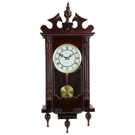 Bedford Clock Collection Classic 31 Chiming Wall Clock With Roman Numerals And A Swinging Pendulum in a Cherry Oak Finish