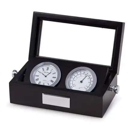 Bey-Berk International Chrome Clock & Thermometer in Black Hinged Box with Glass Top - Black