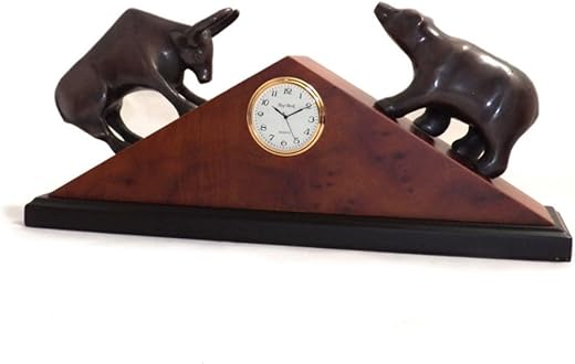 Bey-Berk RQ214 Brass Bull & Bear Quartz Clock on Burl Black Wood Base