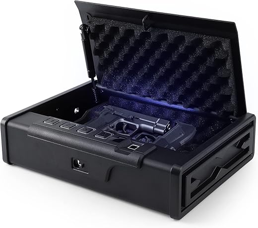 Biometric Gun Lock, Quick Access Gun Safes Box with Fingerprint & Digital Keypad, Handgun Safe with Auto Open Lid, Bedside Firearm Safety Car Safe