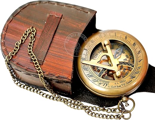 Brass Sundial Compass with Leather Case and Chain - Push Open Compass - Steampunk Accessory - Antiquated Finish - Beautiful Handmade Gift -Sundial Clock