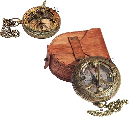 Brass Sundial Compass with Leather Case and Chain - Push Open Compass - Steampunk Accessory -Antique Vintage Style for Camping, Hiking, Touring Beautiful Handmade Gift -Sundial Clock – Steampunk Clock