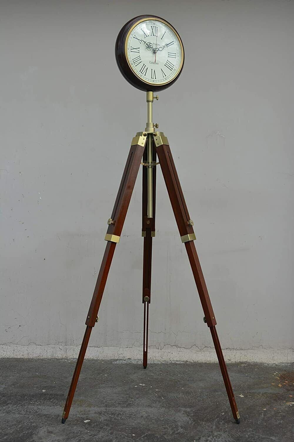 Brown Wood Grandfather Style Floor Clock Vintage Industrial 3 Folding Tripod