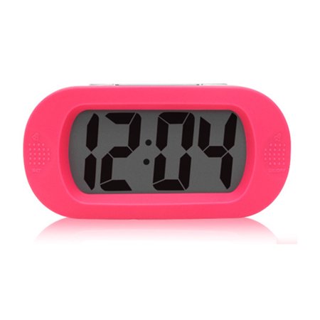 BrowQuartz LED Alarm Clock with Snooze Night Light Bedside Alarms Silicone Shell LCD Screen Watch Bell Battery Powered Home Dorm Pink