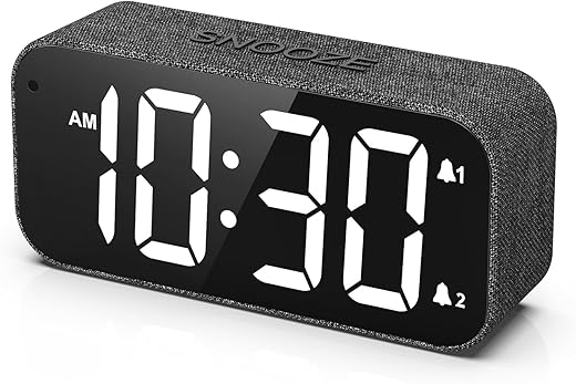 BUFFBEE Dual Alarm Clock for Bedrooms, Smart Auto Dimmer, 2 LED Display, Adjustable Volume, Customized Snooze Time, Loud Digital Alarm for Heavy Sleepers, Kids, Adults, Seniors (Charcoal Fabric)