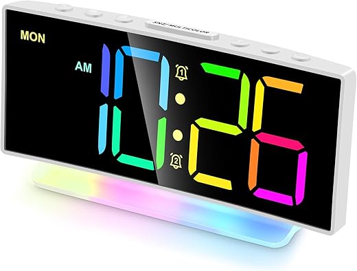 Cadmos Loud Alarm Clocks for Heavy Sleepers,Adults,Kids,Teens,Large Digital Display,7 Color Night Light,Adjustable Volume,Battery Backup,Small Bedside Clocks for Bedrooms (White+Dynamic)