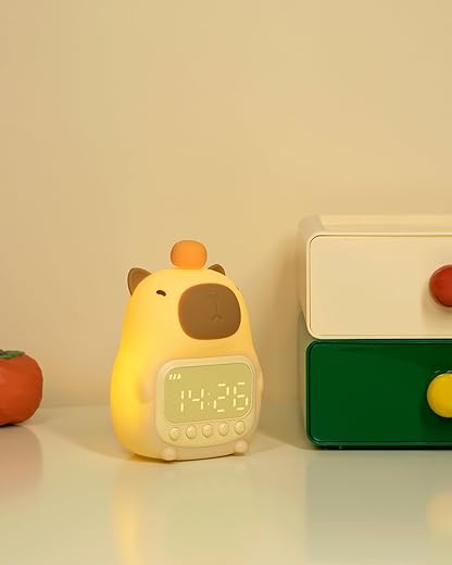 Capybara Alarm Clock with Night Light, Rechargeable Silicone Lamp Time to Wake Clock，Cute Animal Tabletop Lamp, Perfect Sleep Companion for Kids and Teens