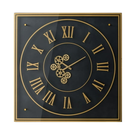 CC Home Furnishings 35.25 Black and Gold Gear Roman Numerals Square Framed Wall Clock