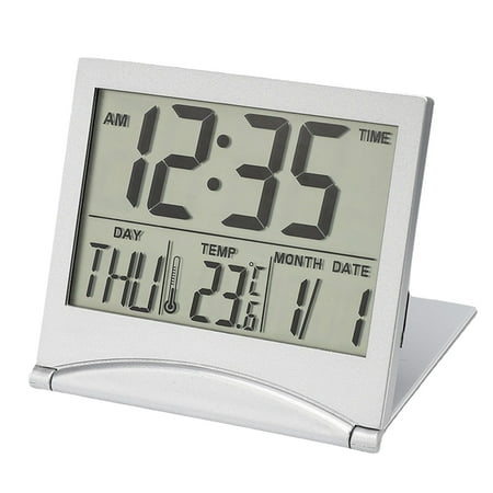 CHEEPUM Wind up Kitchen Timers Loud Ring 24 Hour Timer Digital Travel Alarm Clock Foldable Calendar Temperature & Timer LCD Clock With Snooze Mode Large Number Display Battery Operated