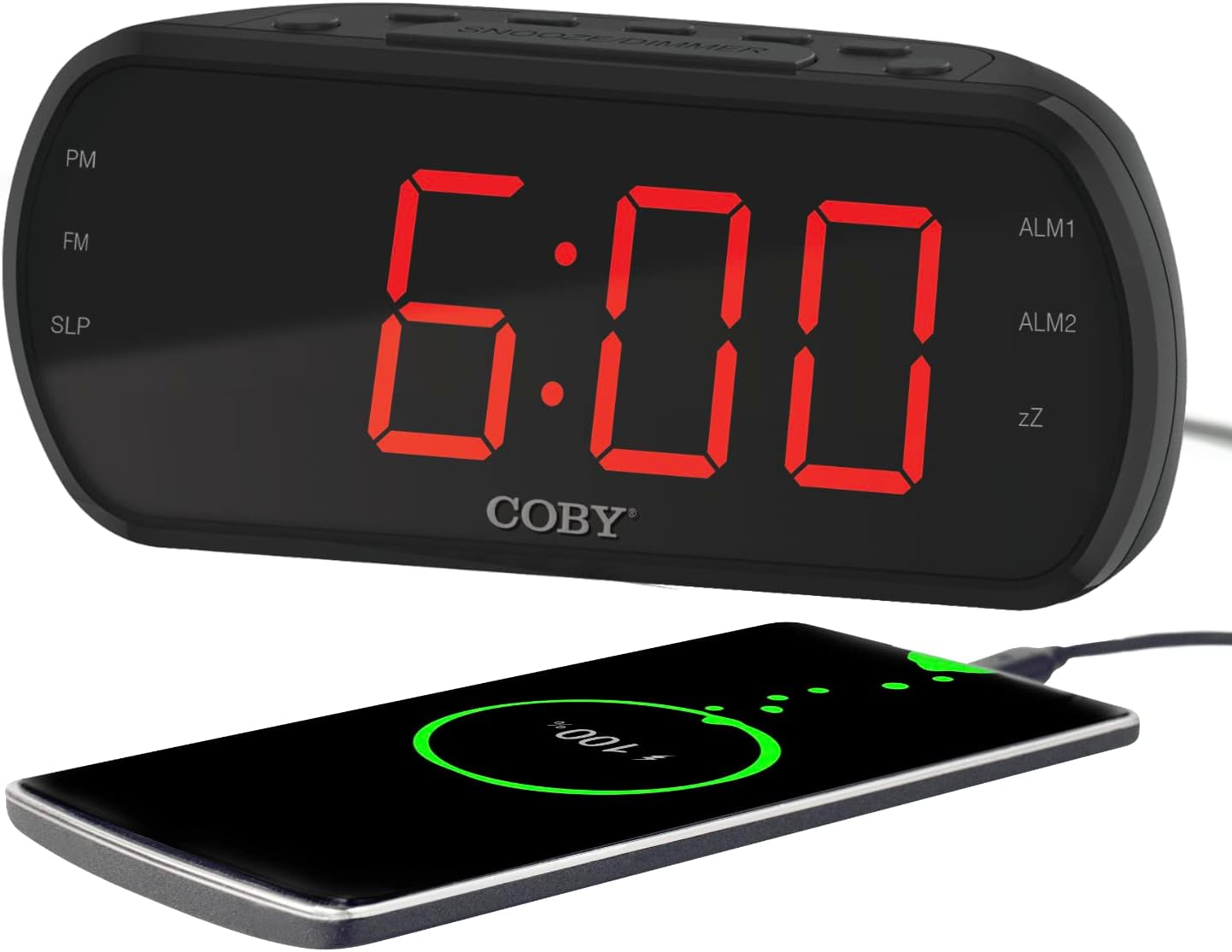 Coby Digital Dual Alarm Clock with FM Radio - Large LED Display Bedside Clock with Battery Backup, USB Phone Charger, Volume, Dimmer, 20 Memory Presets, Snooze, 12/24H, Travel, Home, Office