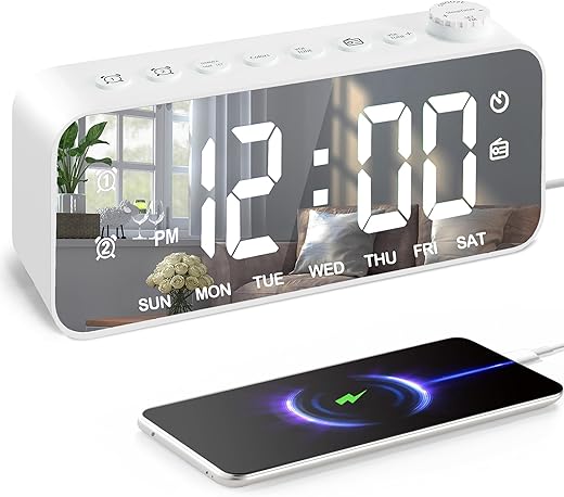 Colorful Digital Alarm Clock Radio, Small Clock Radio, with Mirror Surface, Dual Alarm, Snooze, FM Radio, Sleep Timer, USB Charging Port, Decor for Bedroom, Bedside, Office, Adult, Kid, Gift, White