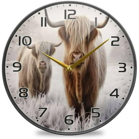 Coolnut Highland Cows Wall Clock Round Silent Non Ticking Battery Operated Accurate Arabic Numerals Design Clocks for Home Kitchen Living Room Bedroom 9.5inch Home Decor