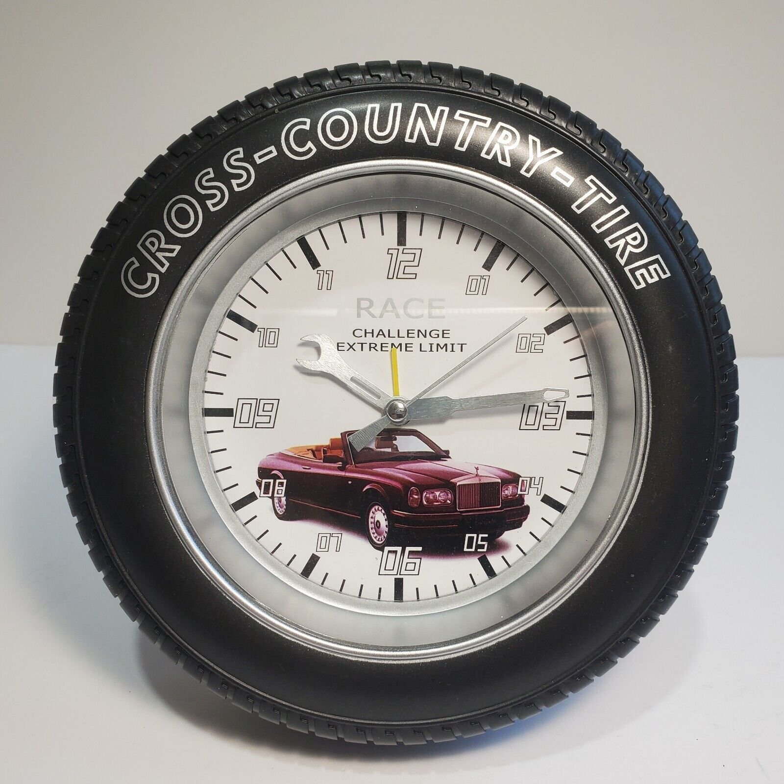 Cross Country Tyre Tire Clock w Alarm & Stand 3 1/4" Tall In Original Box Works