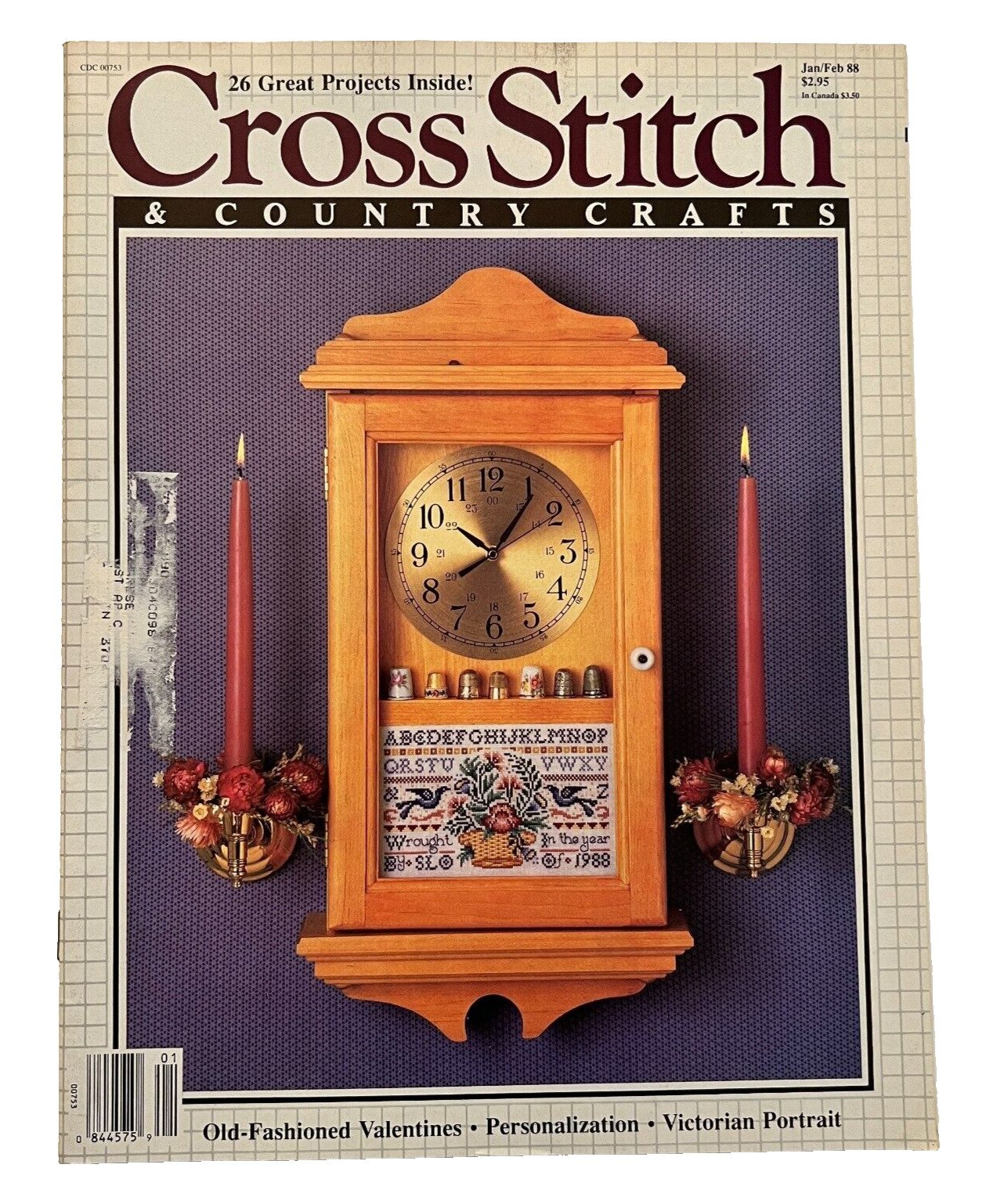 Cross Stitch Country Crafts Magazine Wall Clock Valentine's Day January 1988