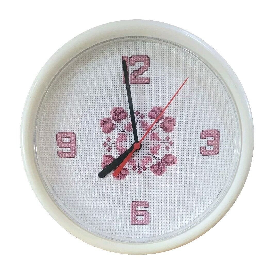 Cross Stitch Kitchen Wall Clock Decor Granny Vintage Cottage Core Needle Craft