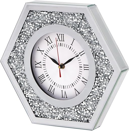 Crush Diamond Hexagon Wall Clock, 12inch Mirror Clock, Crystal Mirror Decorative Wall Clocks for Living Room, Bathroom, Kitchen Wall Decor (Excluding AA Batteries)