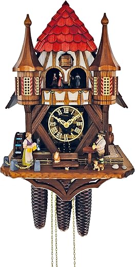 Cuckoo Clock Black Forest House with Moving Beer Drinker and Mill Wheel